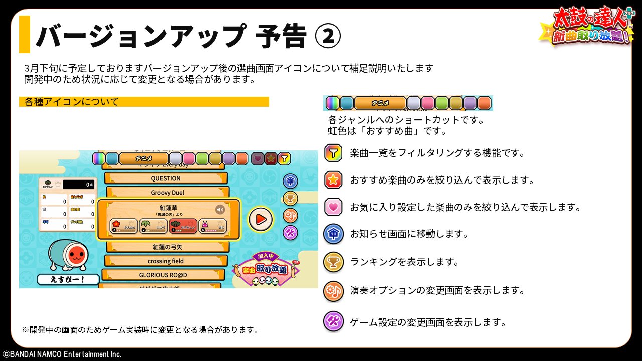 公式 太鼓の達人 スマートフォン 楽曲保存数制限に関する続報 3月下旬のバージョンアップを目標に開発チームと引き続き調整中です 今しばらくお待ちください ご質問いただいておりました選曲画面設置の各アイコンについて機能紹介を補足いたしました