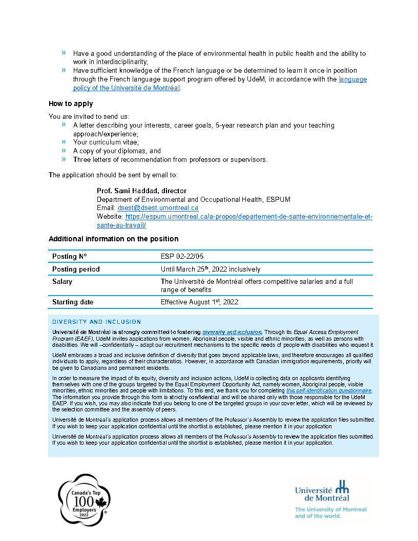 #jobposting

The Université de Montréal (UdeM) is looking to hire  an Assistant Professor in Environmental or Occupational Health with expertise in Toxicology! To learn more check out the attached poster.
