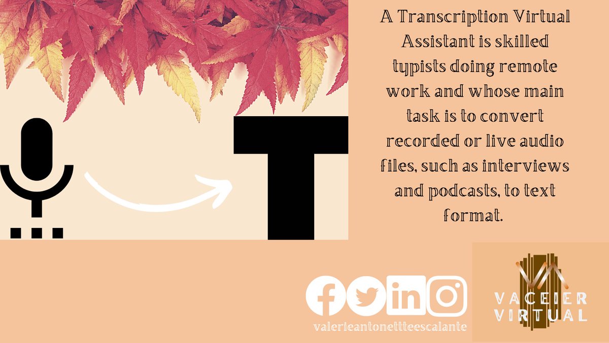 vhalcalimutan's tweet photo. Transcription
A Transcription Virtual Assistant is a group of expert typists who are to transcribe recorded or live audio files, such as interviews and podcasts, to text format.😃👌
You can find more info: https://t.co/cZOh1ScIoX
Facebook- @vaceiervirtual
#VAceiervirtualassistant https://t.co/zREoSpOpvH