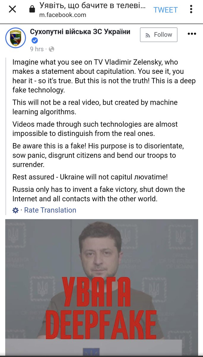 SamGregory's tweet photo. Deepfake pre-bunking efforts in Ukraine since fakes spread fast and detection is inadequate. Makes sense in this specific scenario rather than in non-specific generic political disinfo deepfake scare-mongering. https://t.co/AZod49jHRK