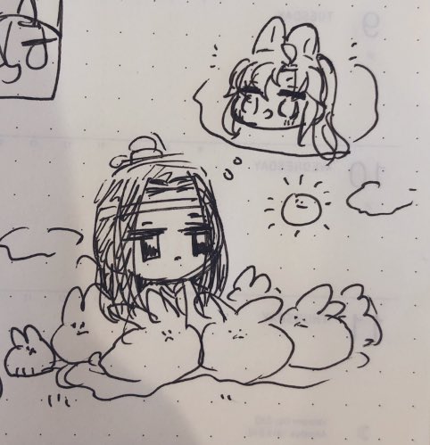 うさぎに囲まれながら道侶のうさ耳姿を考える含光君 