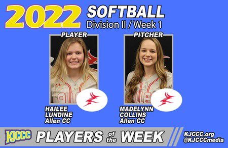 CONGRATULATIONS to returners Hailee Lundine and Madelynn Collins on sweeping the conference honors week one of Division II play!! #AllenPride #EarnedNotGiven <a href="/HaileeLundine/">Hailee Lundine</a>

*This just got posted on the KJCCC website, so we apologize it’s late!