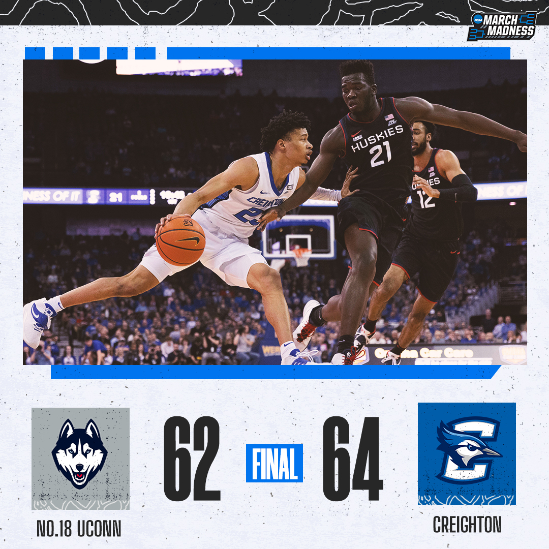 MarchMadnessMBB's tweet photo. BLUEJAYS FOR THE WIN! 🔵

@BluejayMBB takes down No. 18 UConn https://t.co/d9WhTO8PYm