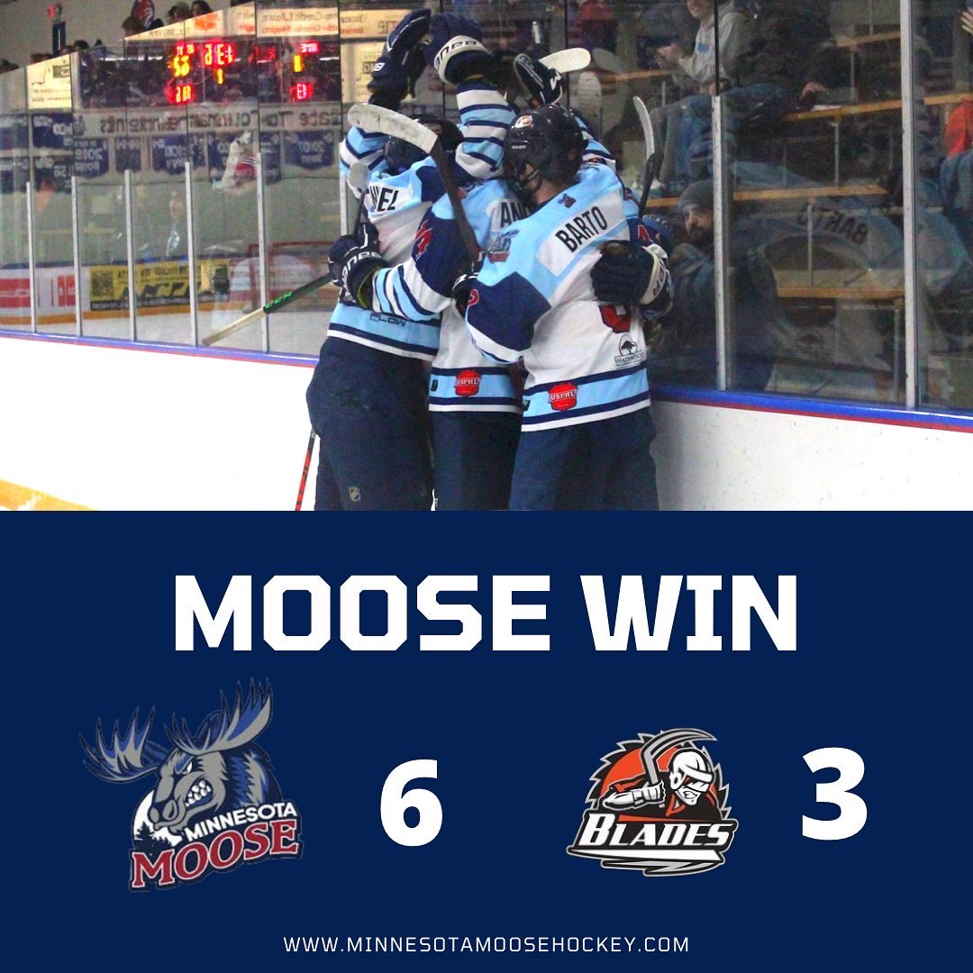 MNMooseHockey's tweet photo. 🚨 MINNESOTA MOOSE WIN 🚨
A great offensive game for the Moose led to them taking a 1-0 lead in the round 1 playoff series against the Steele County Blades! The final score from Fogerty is Moose 6, Blades 3.
#AntlersUp #MNMoose #USPHL #RollMoose #Playoffs https://t.co/kRcbaTOMMZ