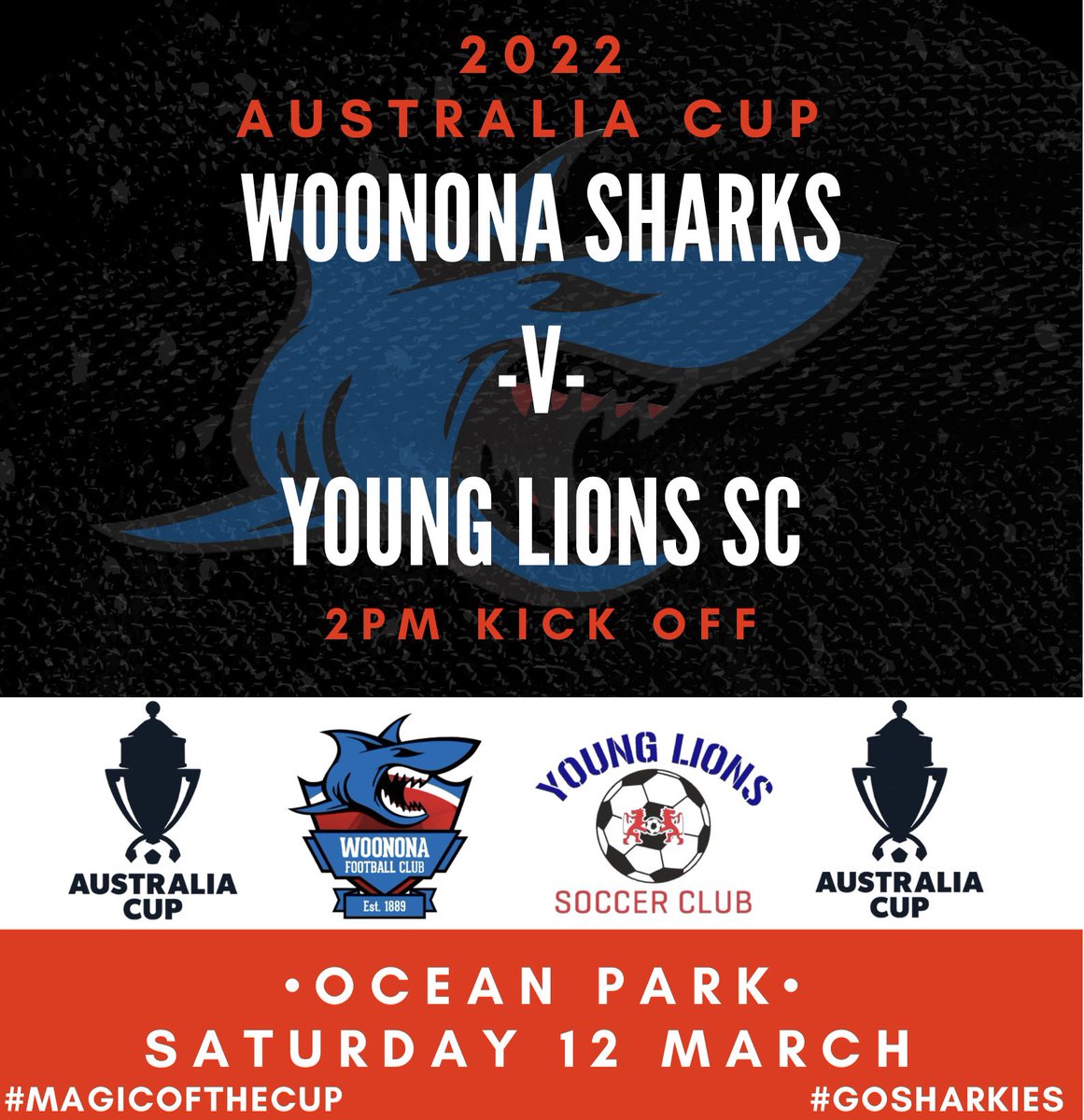 🚨 Australia Cup Details Confirmed 🚨

🏆 Australian Cup Round 2 (Formally FFA Cup) <a href="/AustraliaCup/">Hahn Australia Cup</a> 
📆 SATURDAY 12 March
🆚 Woonona Sharks -v- Young Lions SC
⏰ 2:00pm
📍 Ocean Park, Woonona 

#MagicOfTheCup 
#GoSharkies 🦈
