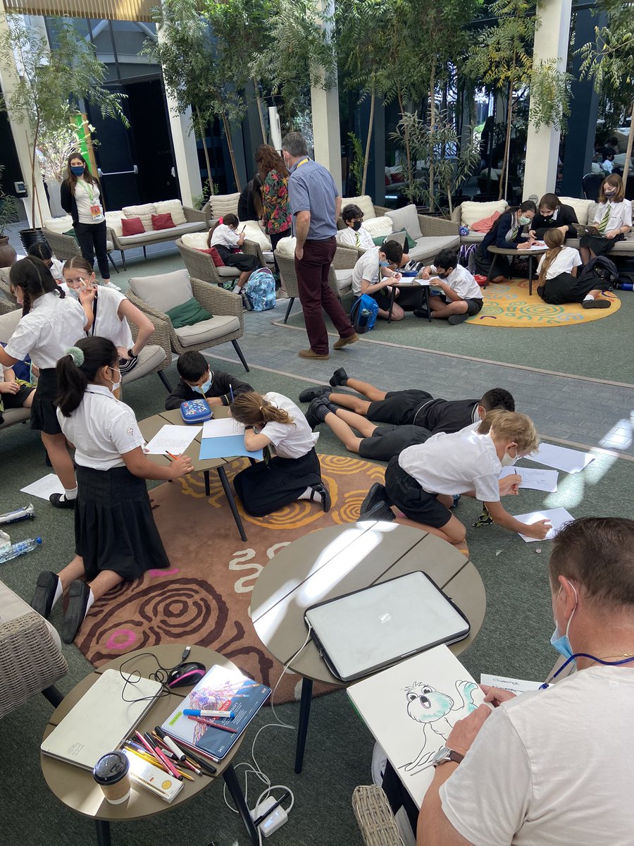 IrelandatExpo's tweet image. An early start this morning as we welcome @HartlandIntl for Day 2 of @FightingWordsIE workshop as part of the Ireland at Expo Programme. 

A very fitting event for #WorldBookDay, as the children write stories while our talented artist Paul sketches along! 🎨 📚 

#TeamIreland