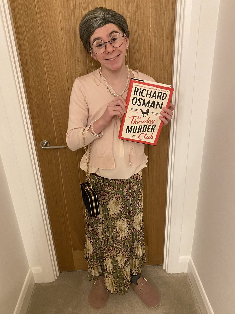 mrslaurawood's tweet photo. Thought you might like this @richardosman, my 13 year old son dressed as Joyce from the #ThursdayMurderClub for #WorldBookDay - he loved it! https://t.co/5bakgatH7D
