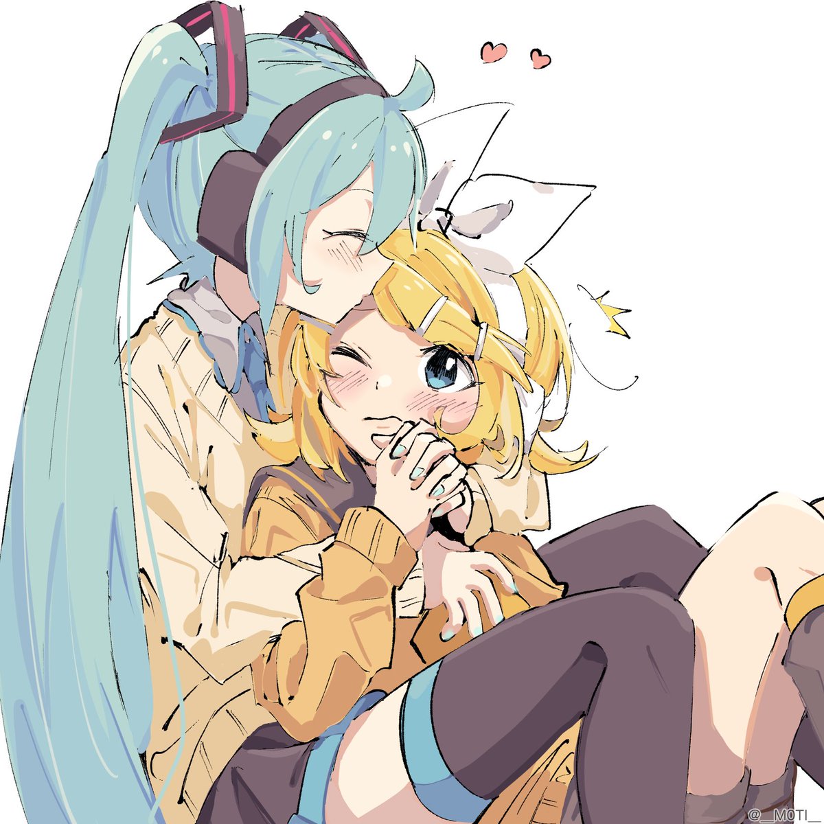 hatsune miku ,kagamine rin multiple girls 2girls blonde hair twintails thighhighs yuri hair bow  illustration images