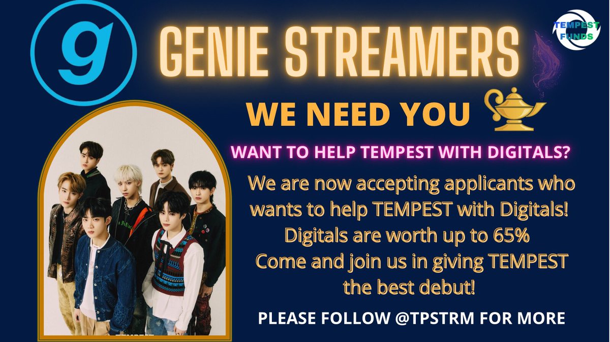 TEMPEST_FUNDS's tweet photo. ‼️❇️TEMPEST DIGITAL STREAMERS 🌀💪❇️‼️

Have you got your Genie streaming account already? 
If you haven’t please apply now or DM @tpstrm ! 
iE’s WE NEED YOU!
The more streamers the better! 🥳

GENIE ACCOUNT: https://t.co/ENkM2nGZDw

#TEMPEST #TPST #템페스트 @TPST__official https://t.co/UdlETQtaeR