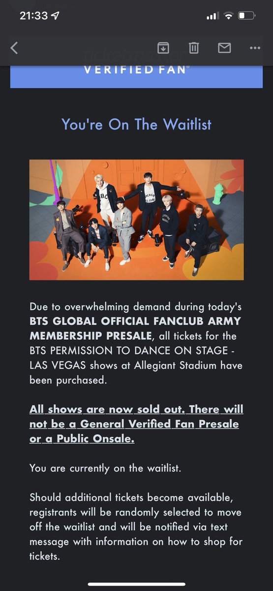 freakywhoran's tweet photo. @BTSMerchUpdates Ticketmaster just sent emails verifying that all shows are sold out https://t.co/P4qEX0clQa