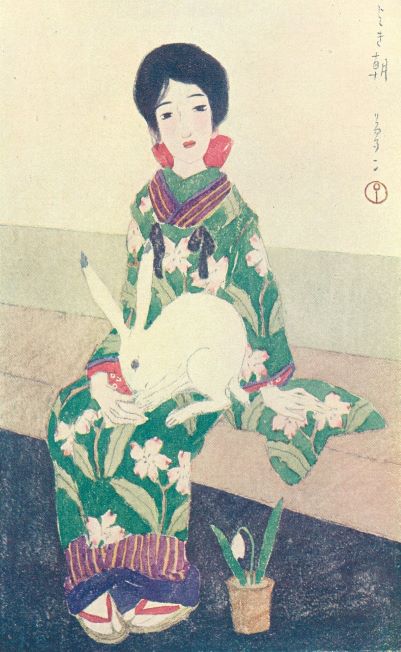 竹久夢二 掛軸 少女とウサギ
