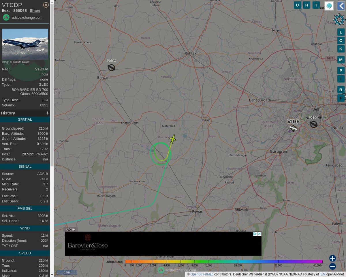 Radar_Assistant's tweet image. MULTI ADSBX CIRCLING ALERT : At time Thu Mar  3 04:56:49 2022 #VTCDP    was likely to be circling at FL80 12nm from CHI Chillerki_VOR-DME_IN
 near Matenhail, Jhajjar, Haryana, India #AvGeek #ADSB globe.adsbexchange.com/?icao=800D68&amp;amp;z…