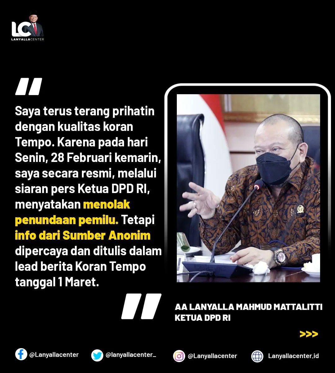 lanyallacenter_'s tweet photo. Ditulis Koran Tempo Sebagai Aktor Penundaan Pemilu, LaNyalla Minta Dewan Pers Jaga Kredibilitas Media.
#LaNyalla #pers #jurnalis #wartawan #TolakPenundaanPemilu
@korantempo @dewanpers @pwipusat

baca selengkapnya:
https://t.co/GuaGa5kIPL https://t.co/DG4BA3eRsF