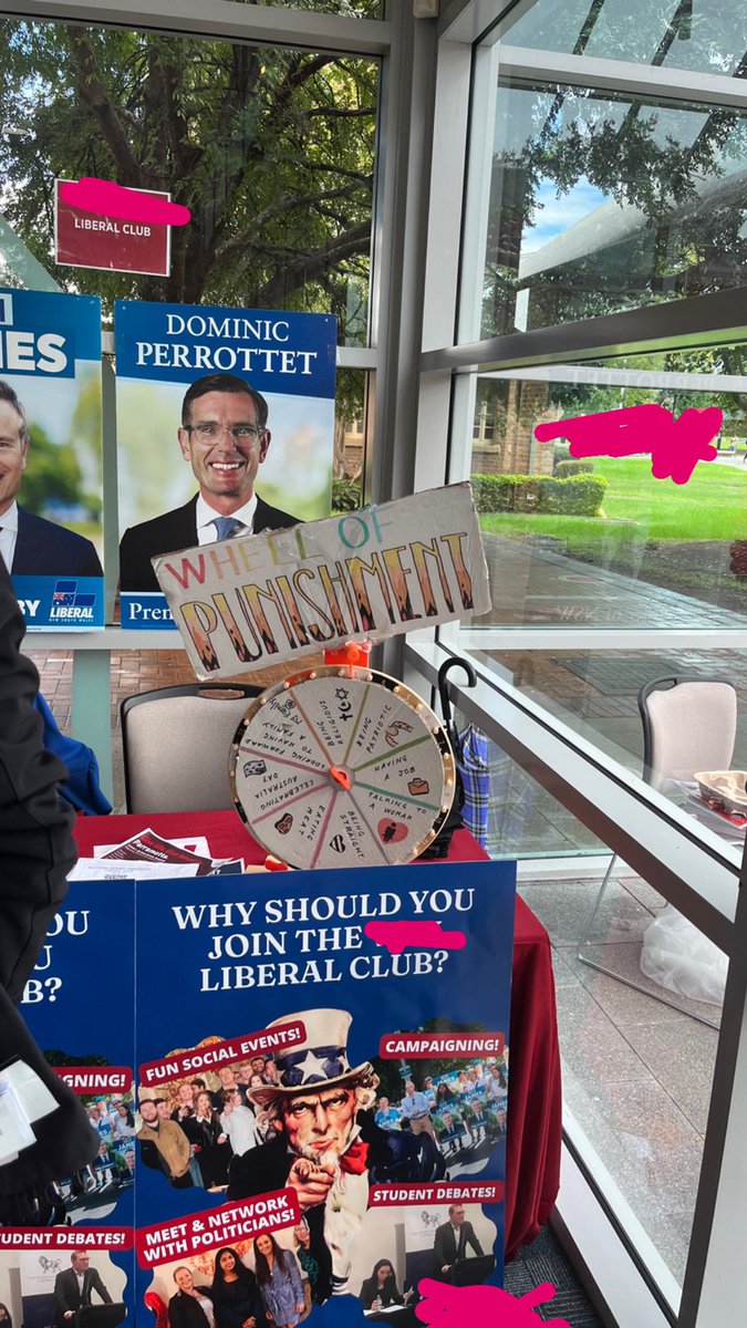 allywongoconnor's tweet photo. Was working at a uni O-week event today. Came across this gem. Liberals club made a wheel outlining all the topics they are punished for, for being liberals. Incel vibes #cringe #liberalpartynsw #dominicPerrottet #incel #ausgov https://t.co/qTqO7vJyUX