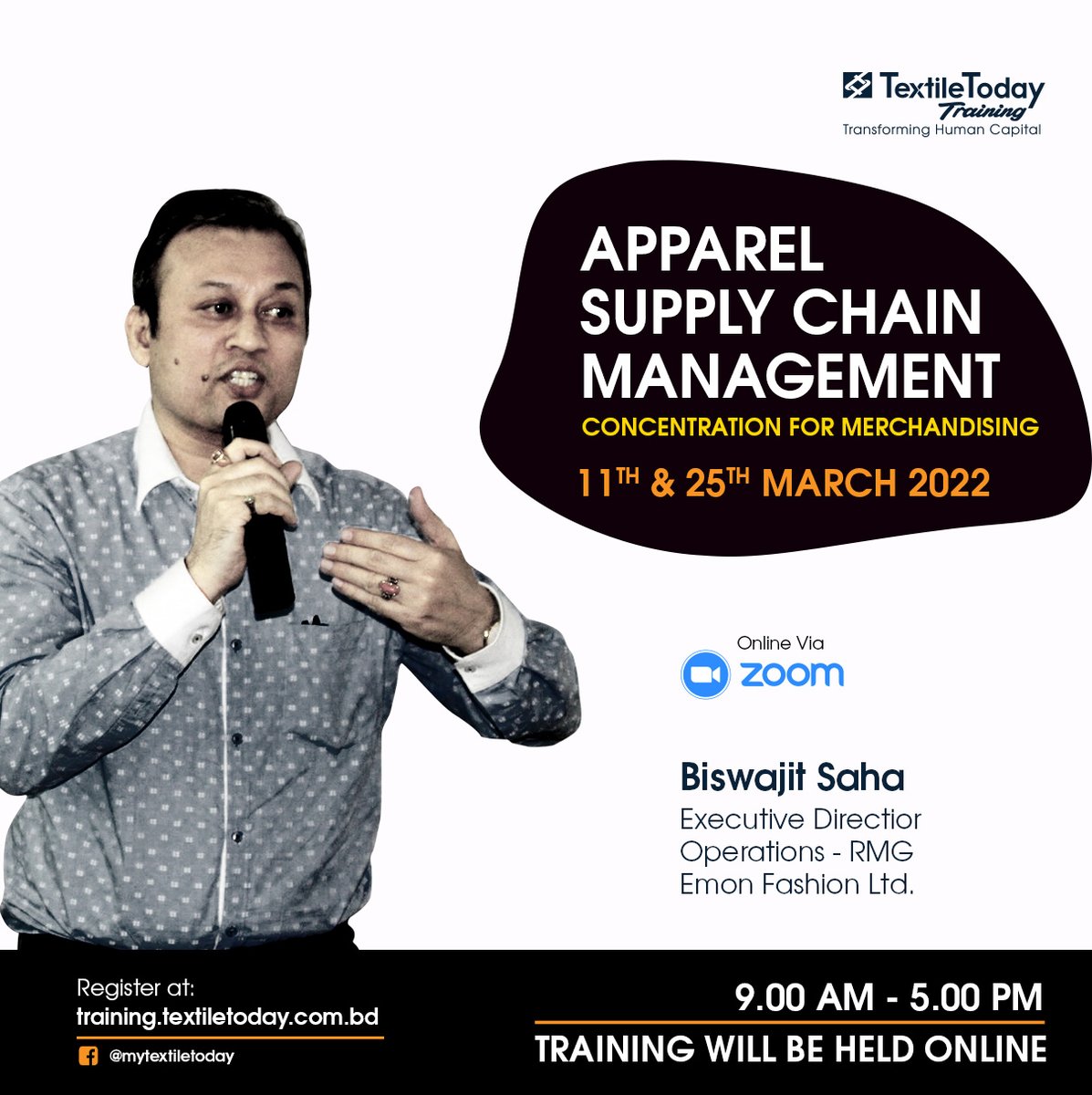 mytextiletoday's tweet photo. Join the Training on 'Apparel Supply Chain Management'
Date: 11th & 25th March via Zoom
Time: 9am-5pm
Training details: https://t.co/0BEx1PL6ht
For any query- 01734 211 085
#TextileTodayTraining #TextileToday #ApparelSupplyChain #supplychain #supplychainmanagement https://t.co/vLPyPc6U3C