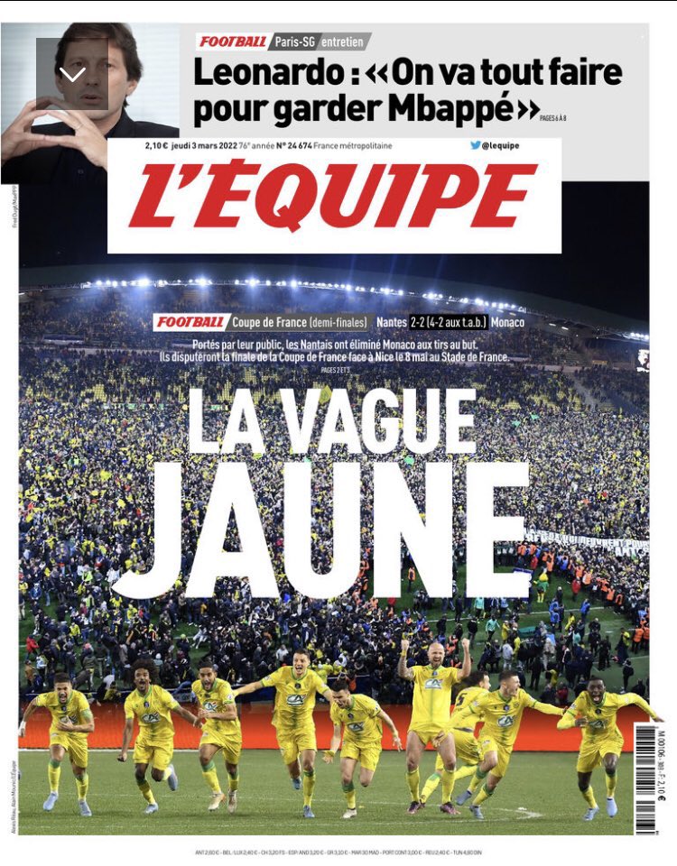 mthomas44230's tweet photo. 🔰 Heureux pour les joueurs, pour le staff, le coach, pour Merlin qui connaît sa première saison en pro et qui vit un ce rêve. Nous sommes la génération qui n’a pas connu le moindre trophée. On retiendra l’exploit si on va au bout, même si ça n’effacera pas le reste. #FCNantes https://t.co/BJX9JQh7FQ