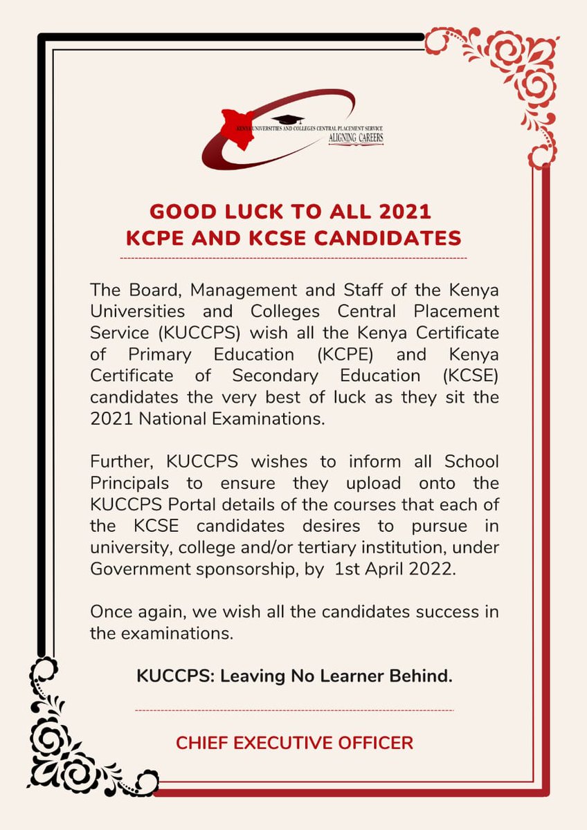 DrJohnOluoch's tweet photo. Now, may our KCPE and KCSE candidates of this year receive favour, good luck and best wishes from us at KUCCPS as they write their exams. Now and Forever More! https://t.co/NQIZH7tWt9