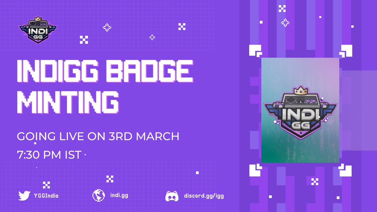 🏅The IndiGG Badge minting is set to go live TODAY at 7:30 PM IST 

💰The mint is going to be FREE &amp; without any gas fees + the Badge will offer various utilities for our community members. 

➡️ Make sure you get yours at - indi.gg