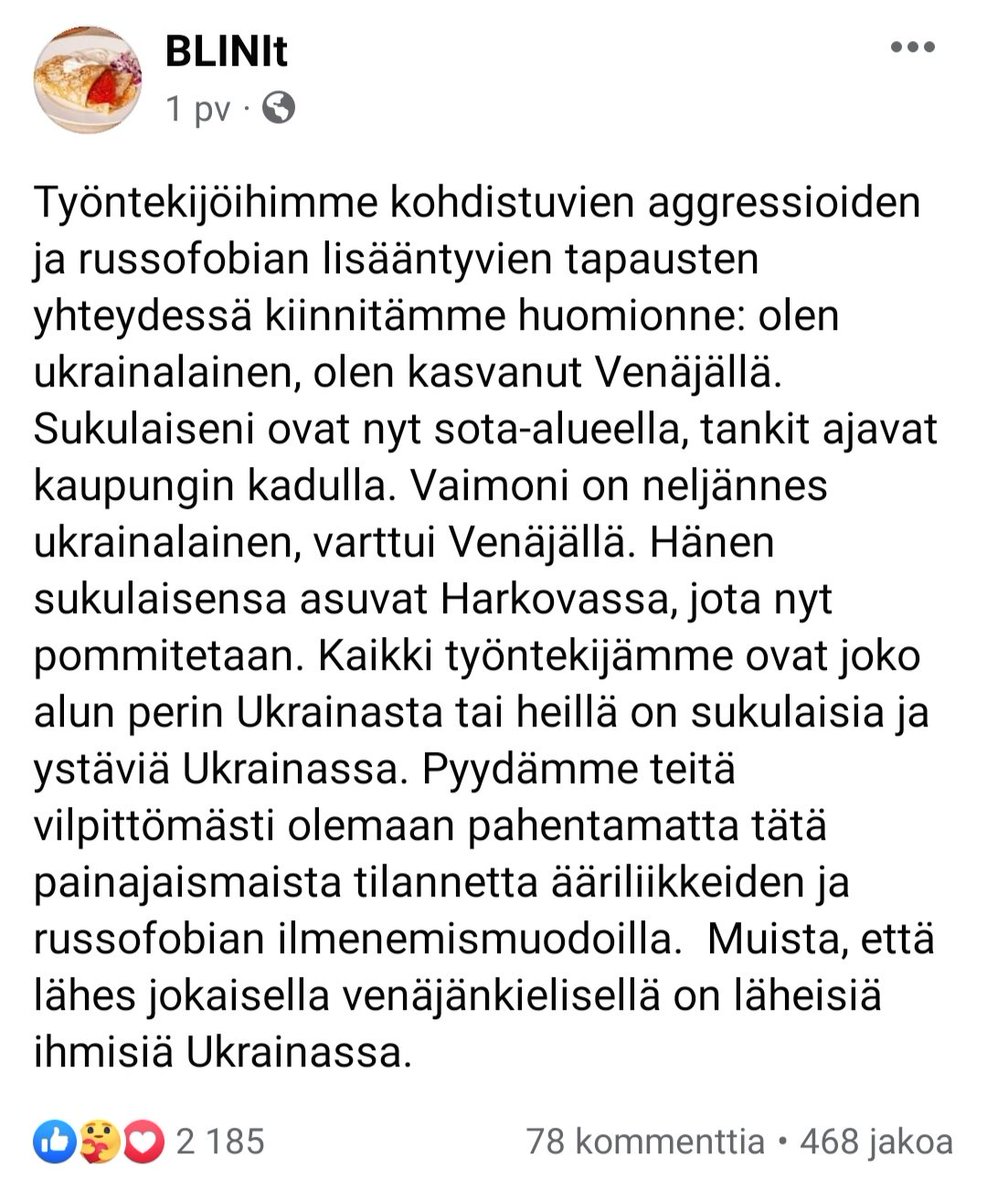 SeidaSohrabi's tweet photo. Rasismille on asetettava nollatoleranssi. Tavalliset ihmiset eivät ole vastuussa siitä mihin hullutuksiin sen hallinto ryhtyy.

Slava Ukraini! 🇺🇦🇫🇮

Voimia @BLINItFi 🙏 https://t.co/lNUSZxF9Rn