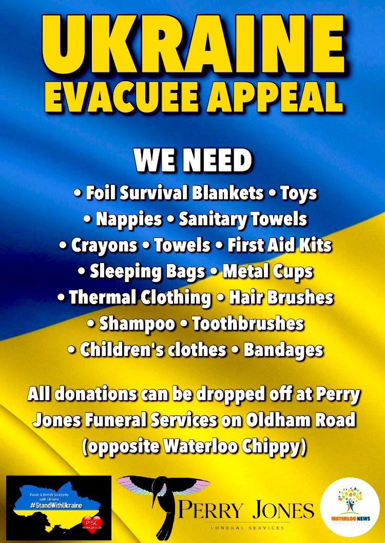 As war rages in Ukraine and people head for the Polish border to escape the fighting. 
We have pledged to support the Polish Integration Support Centre (PISC) to collect vital basics that will be taken by road to the Ukrainian refugees taking shelter in Poland. 
🇺🇦🇺🇦🇺🇦🇺🇦🇺🇦🇺🇦🇺🇦
