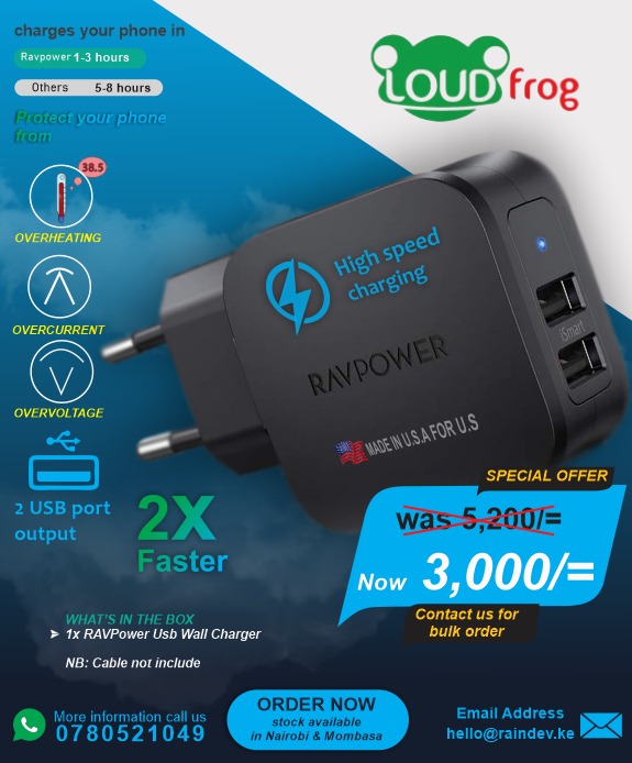 RainDev5's tweet image. Say bye to low power
Fast class charger built for you
Ravpower 
Powers up to 17W and is compatible with most devices
Dual fast charging with two USB ports
intelligently delivers the ideal charging current
To order call us on 0780521049
Email us: hello@raindev.ke
