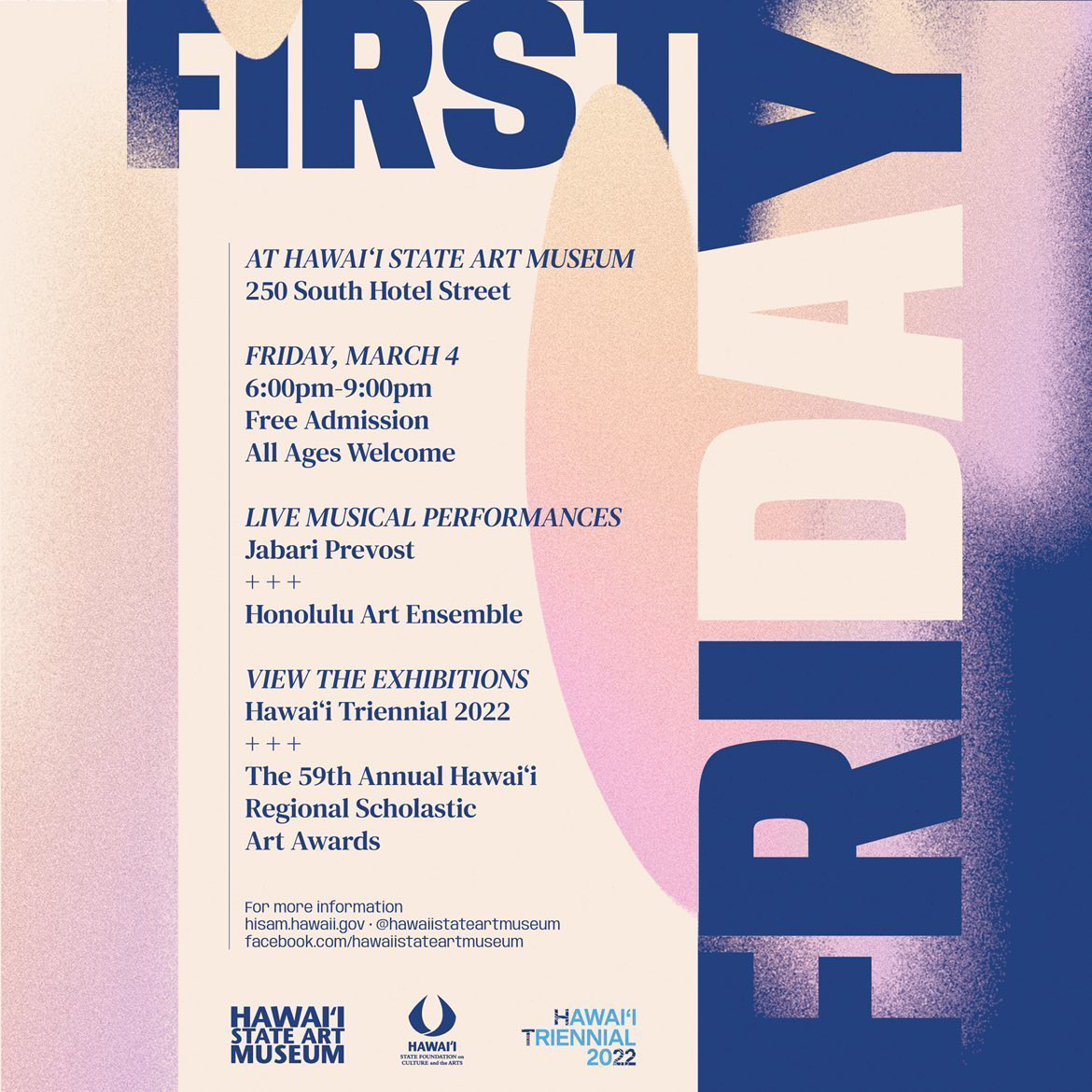 Kick off the wkd by joining @hisamnews's #FirstFriday on 3/4! Enjoy performances by Jabari Prevost &amp; Honolulu Art Ensemble while you explore the #HT22 exhibit &amp; the 59th Annual Hawai‘i Regional Scholastic Art Awards. ✨Free admission, all ages are welcome✨