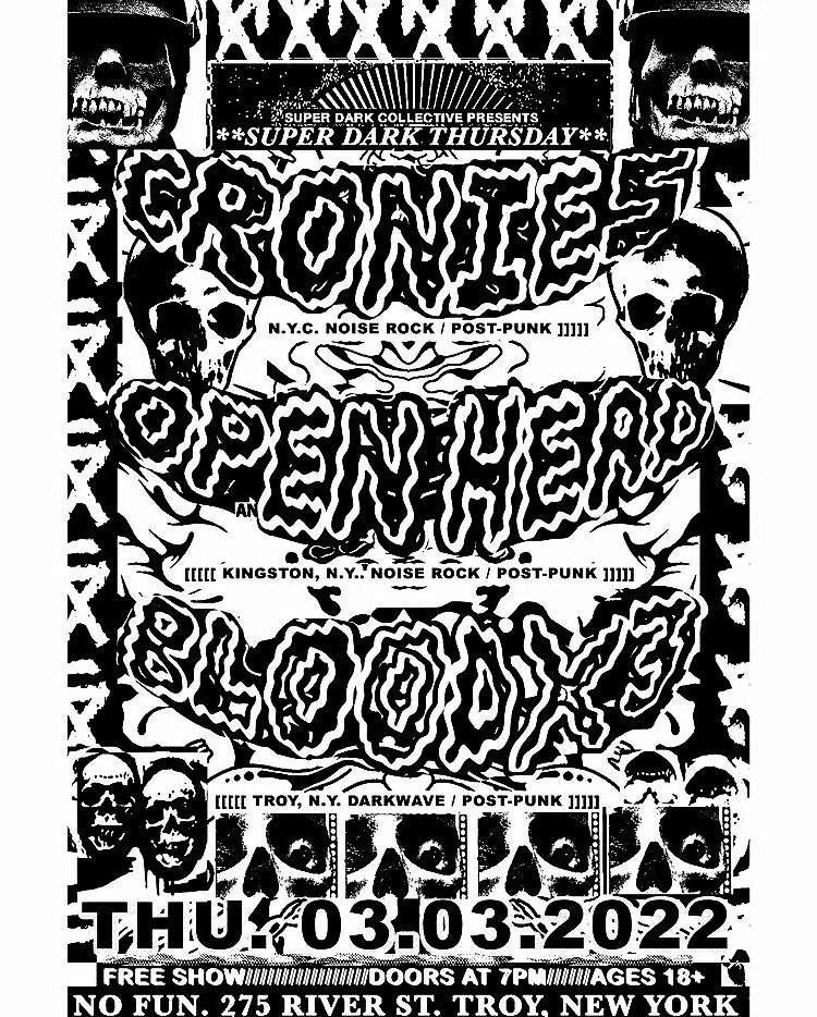 SUPER_DARK_CO's tweet photo. TONIGHT AT SUPER DARK THURSDAY AT @nofuntroy ! WE HAVE THE RETURN OF TROY DARKWAVE/ POST PUNK DUO BLOODX3 SUPPORTING NOISE ROCK/POST PUNK FROM KINGSTON’S OPEN HEAD &amp; NYC’S @croniesmusic ! FREE! 8PM! RLY GOOD BEER BY @wearepintsized ! https://t.co/KaVEQW56fy