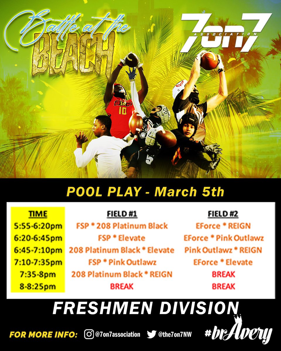 The7on7NW's tweet photo. ππBattle at the Beachππ
-
Freshmen Division Pool Play Schedule on March 5th!!
-
Itβs about to be a movie!!! π₯ πΏ
#AssociationVSEverybody #BattleAtTheBeach https://t.co/HENGliYbUD
