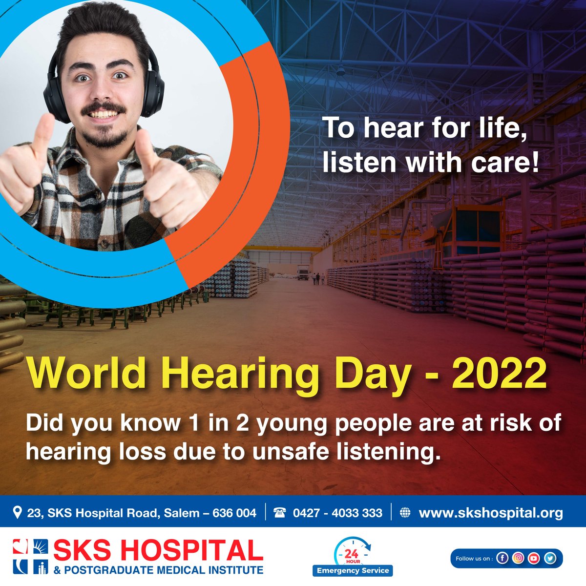 SKS_Hospital's tweet photo. ‘Safe listening’ can mitigate the risk of hearing loss associated with recreational sound exposure​ #WorldHearingDay #worldhearingday2022 https://t.co/YAs8TcWLYs