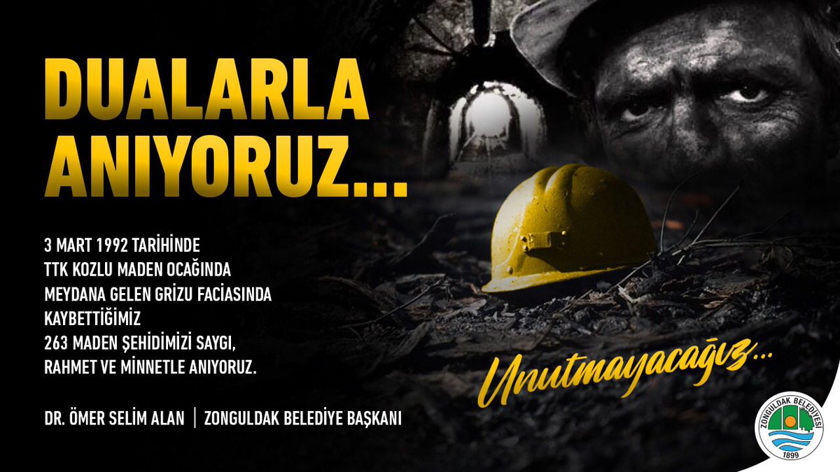 3 Mart 1992 yılında, TTK Kozlu maden ocağında meydana gelen grizu faciasında kaybettiğimiz 263 maden şehidimizi saygı, rahmet ve minnetle anıyoruz. 

#3Mart1992