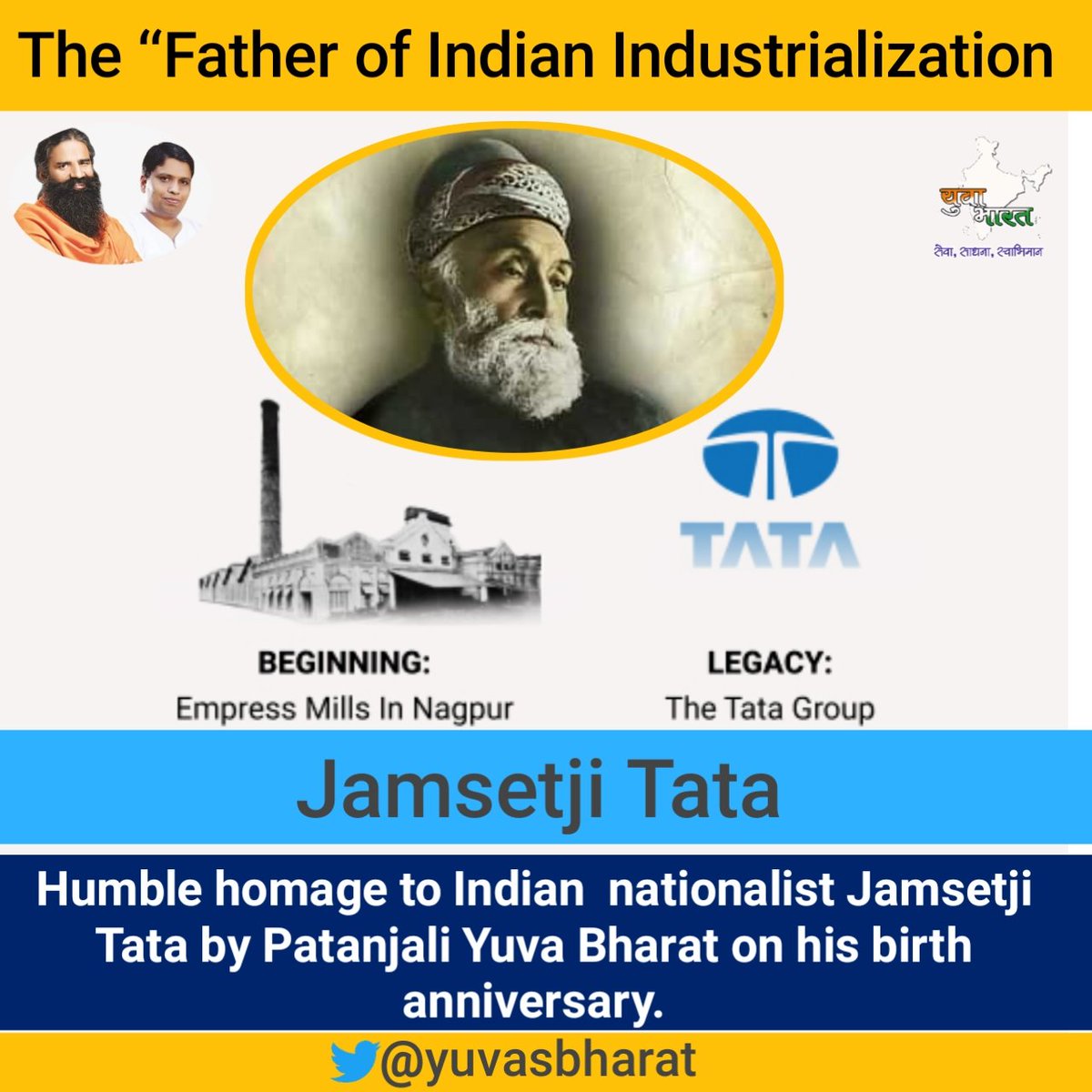 Humble homage to Indian business pioneer and nationalist Jamsetji Tata on his birth anniversary.
<a href="/RNTata2000/">Ratan N. Tata</a> 
<a href="/rakesh_bstpyp/">भारत</a> 
<a href="/swabhimani1/">Shifted to @drjaideeparya</a> 
<a href="/TataCompanies/">Tata Group</a> 
<a href="/TataMotors/">Tata Motors</a> 
<a href="/bstmah/">भा. स्वा. महा पूर्व</a> 
@Sachin_YB 
<a href="/mahesh1_yb/">MAHESH</a>
