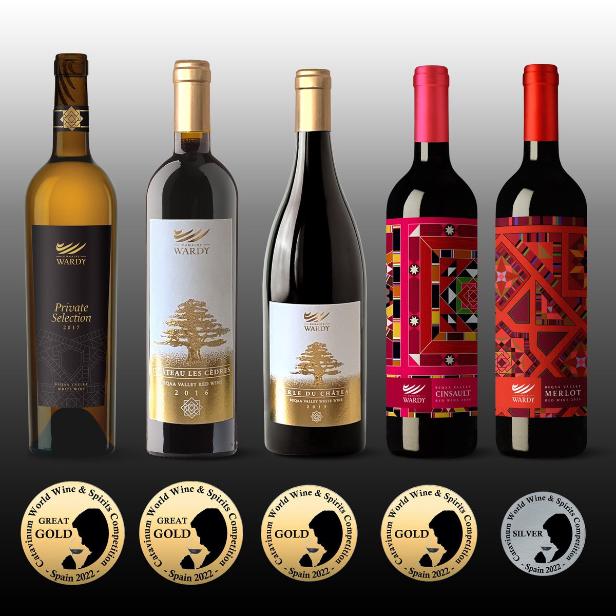 1st medals of 2022-
Catavinum World Wine & Spirits Competition, Spain
.
-Private Selection White 2017 (coming soon)
97pts Great Gold Medal
-Château les Cèdres 2016 (coming soon)
95pts  Great Gold Medal
-Perle du Château 2019
94pts Gold Medal
-Cinsault 2016
Gold Medal
-Merlot 2019