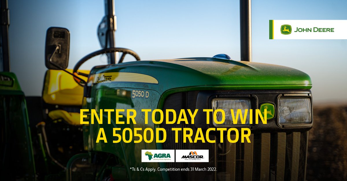 AGRA_Africa's tweet photo. Why wait? Enter NOW to win a 5050D TWD John Deere Tractor with @JohnDeereAME, #AGRA, &amp; #Mascor.

How? Create a business plan outlining how you will run &amp; manage a Mechanisation Service Provision business. 

More information on https://t.co/7jQHbxLKgG

#JohnDeereAGRACompetition https://t.co/ApyYkOVPsX