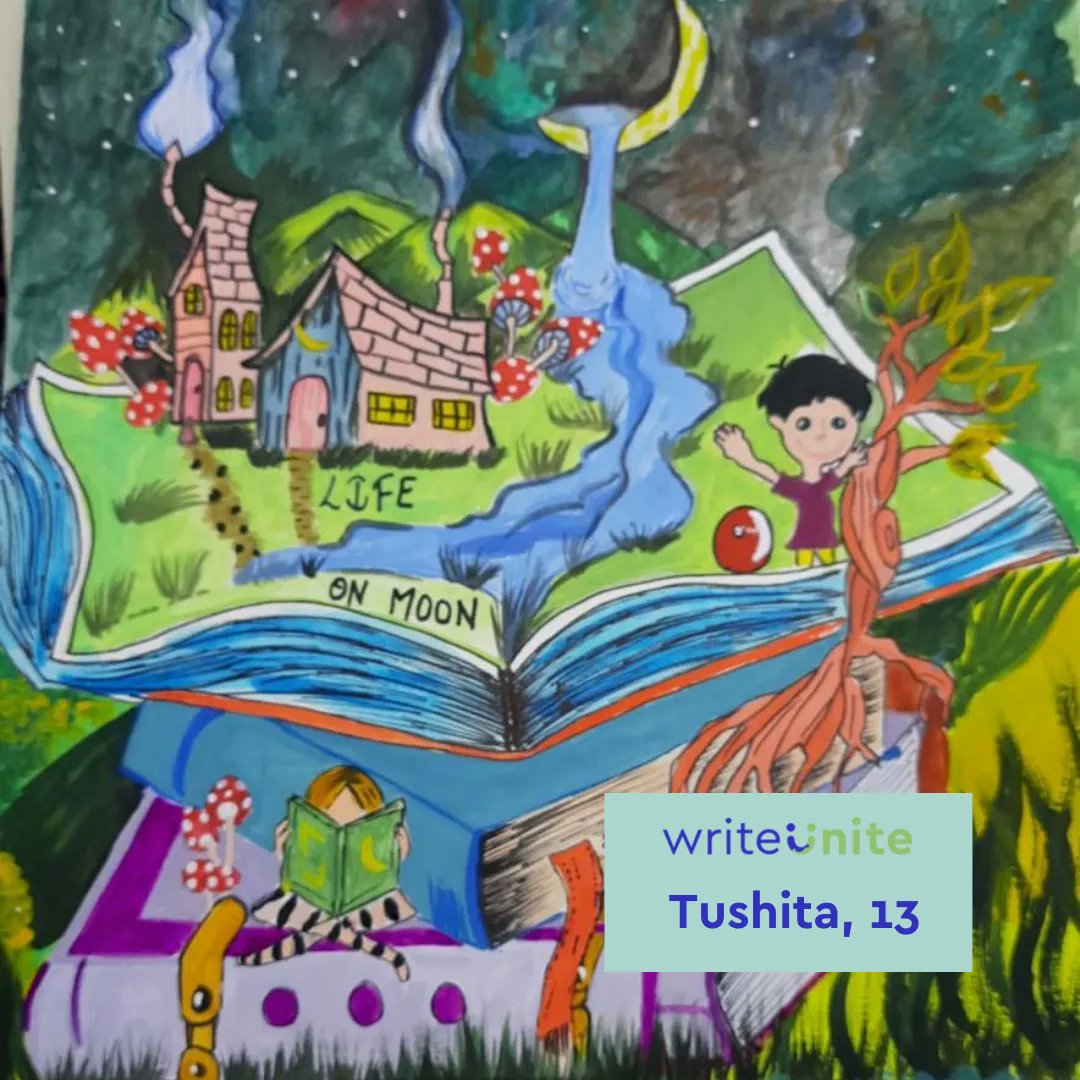 WriteUnite's tweet photo. What would we find if we went exploring the universe? Tushita, aged 13, shared her vision of the future in making this cosmic creative piece with a fantastical bookish theme! 🌒 🚀 📚 
#visionsofthefuture #youthempowerment #childcreativity https://t.co/w4BDrd8yLS