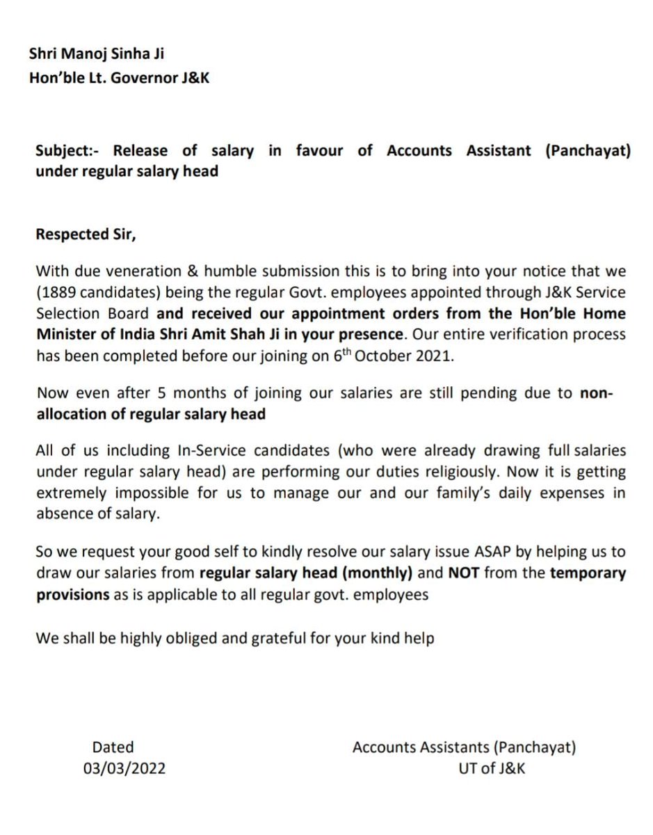 SharmashKumar's tweet photo. Honorable Shri @manojsinha_  @OfficeOfLGJandK 
Kindly give this a read.
#salaryThroughRegularHead 
#salary4PAAs https://t.co/XZaHqjdIQR https://t.co/z580QLlZCN