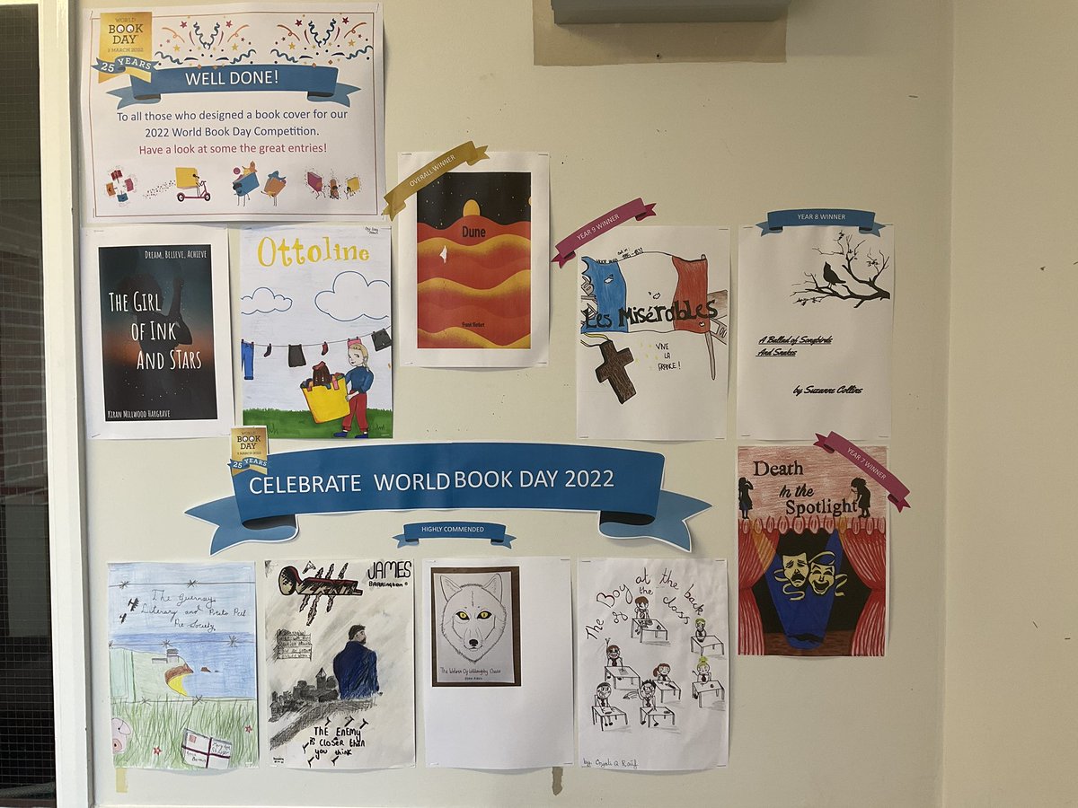 PangCollLibrary's tweet photo. Thereโs been some great #PangCollCreativity going on for #WorldBookDay with these brilliant book cover designs. Well done to all our winners. You can see the winning designs displayed in #PangCollLibrary. ๐ https://t.co/LXSxYXYYCw