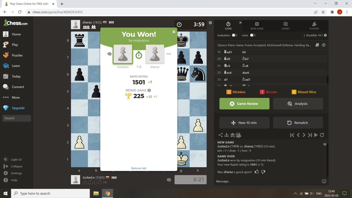 Came back after 2 months away from chess and managed to reach 1501 Rapid on chess.com (previous peak 1500 last summer). I suppose taking a break helps sometimes, playing with a good attitude and not playing too much seems to be what got me back here after a while 🥳