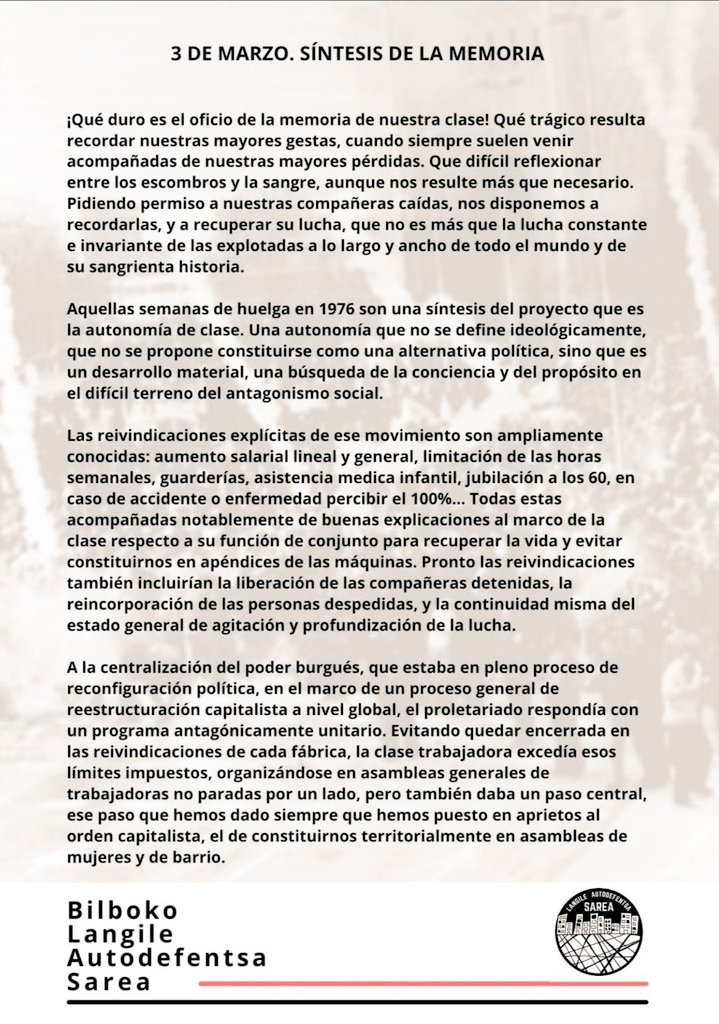 BilbokoS's tweet photo. 3 de marzo. Síntesis de la memoria.

Homenaje y balance necesarios https://t.co/kDy8GfIvSl