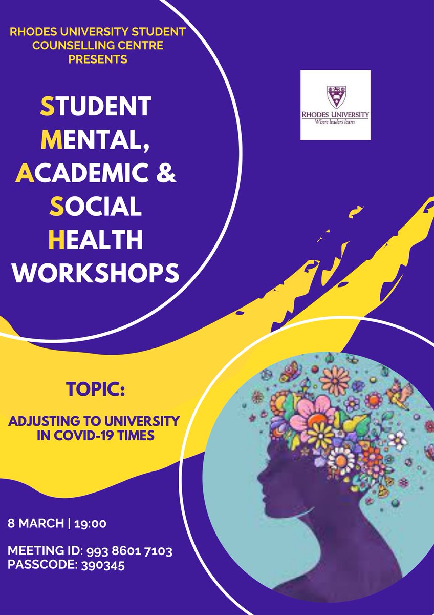 Student Mental And Social Health programme (SMASH) is back! Hosted by Counselling Centre psychologists, SMASH seeks to educate and support students to maximize their wellness. Weekly workshops every Tuesday at 19h00.
For more info: facebook.com/ruwellnesslead…