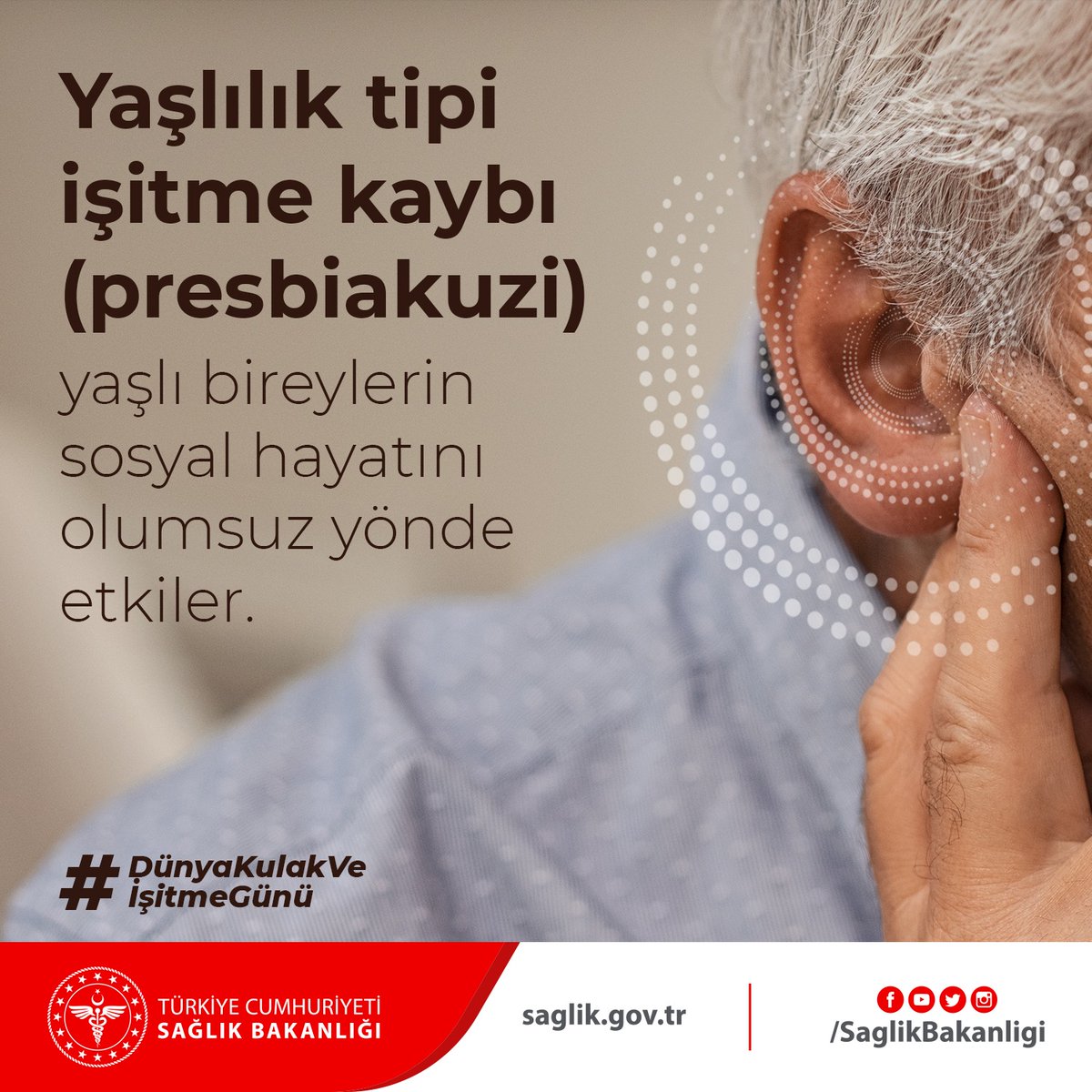 Yaşlılık Tipi İşitme Kaybı (Presbiakuzi)
- Genellikle 60 yaş üstünde başlar.
- Her iki kulakta olur ve simetriktir.
- Sıklıkla, rahatsız edici olarak algılanmayan bir çınlama da eşlik edebilir.
Bu tip şikâyetleriniz varsa mutlaka hekime başvurun.
#DünyaKulakVeİşitmeGünü