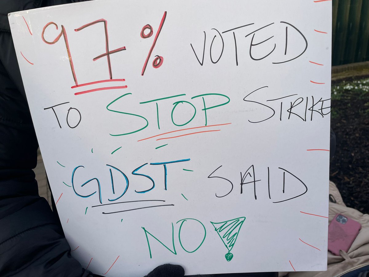 NEUnion's tweet photo. Solidarity to all our members on their sixth day of strike action ✊

97% of members voted to suspend action if @GDST agreed to go to ACAS – they said no.

#HandsOffOurTPS #23Together https://t.co/vtu4gLa8xP