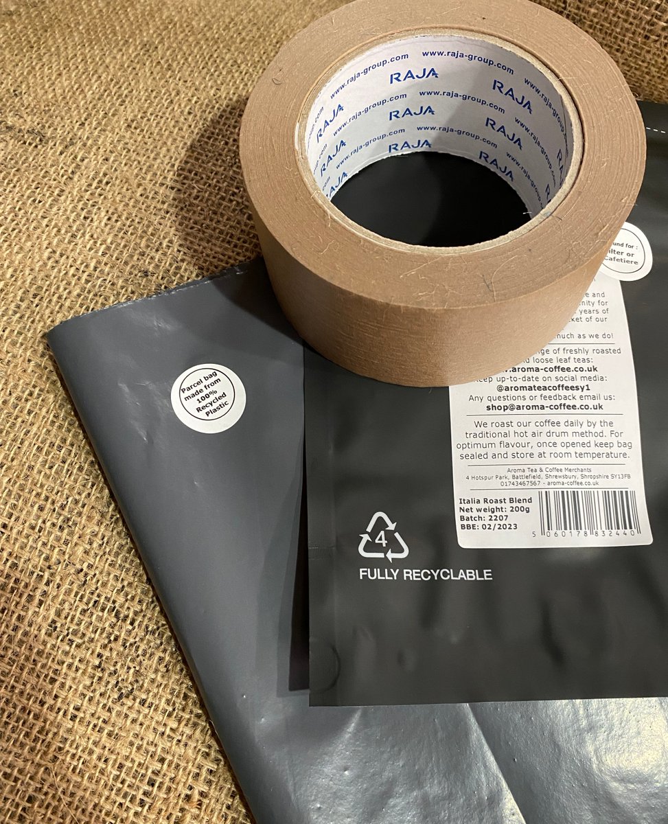 Here at Aroma, we try as hard as we can to become more sustainable ♻️

The simple change to kraft tape makes our wholesale boxes 100% recyclable. The bags we send all our mail orders in are made from recycled plastic and our coffee bags are also recyclable