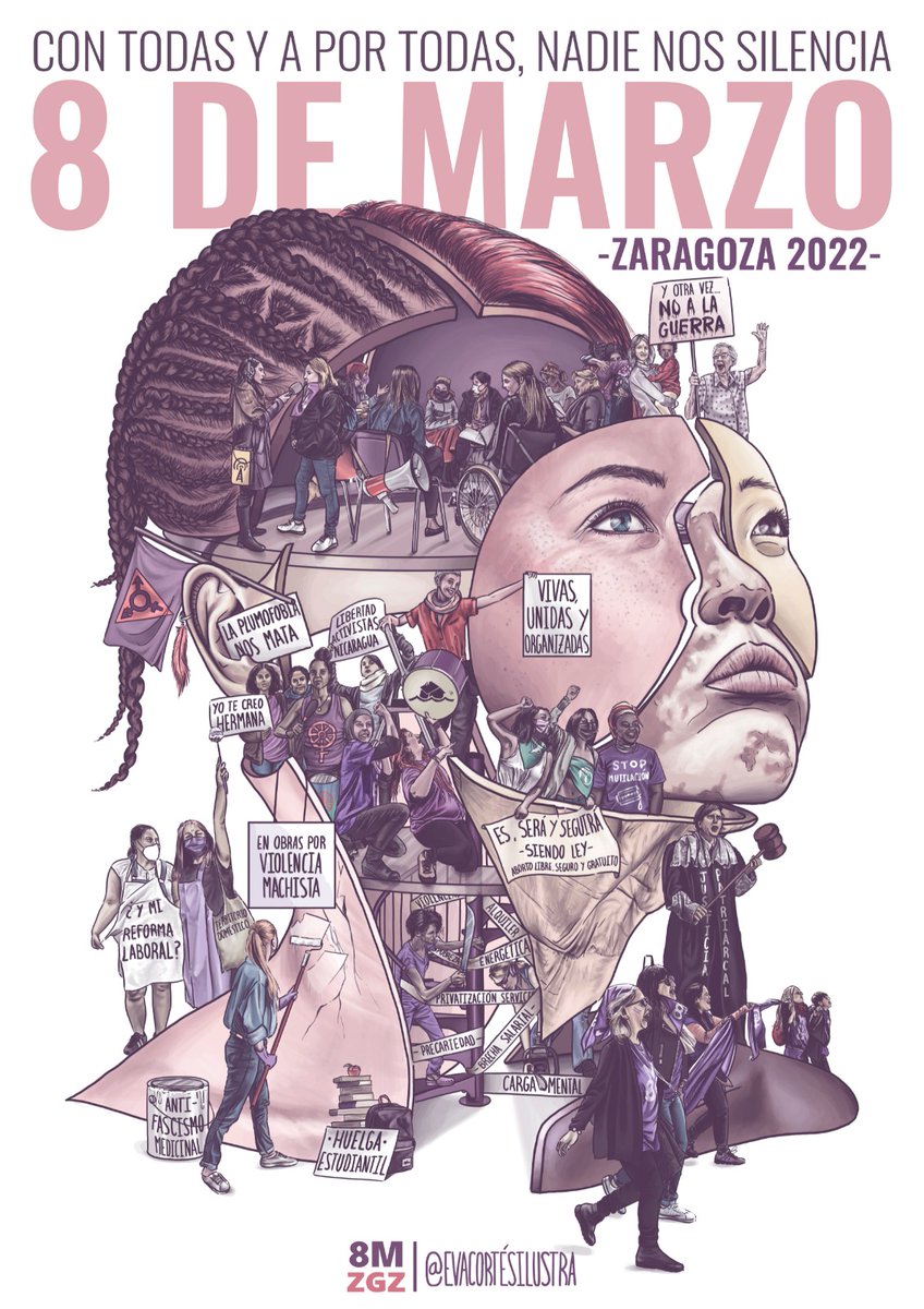 8_mzgz's tweet photo. 💪🏽♥️ 'Con todas, y a por todas. nadie nos silencia'. Este es nuestro maravilloso cartel del #8M2022 hecho por la artistaza @evacortesilustr  💜 
 ✨Atenta a nuestras redes para la programación del #8m
 #feminismointerseccional #feminismos #feminismo #8mdiainternacionaldelamujer https://t.co/aQba8Jfl4g