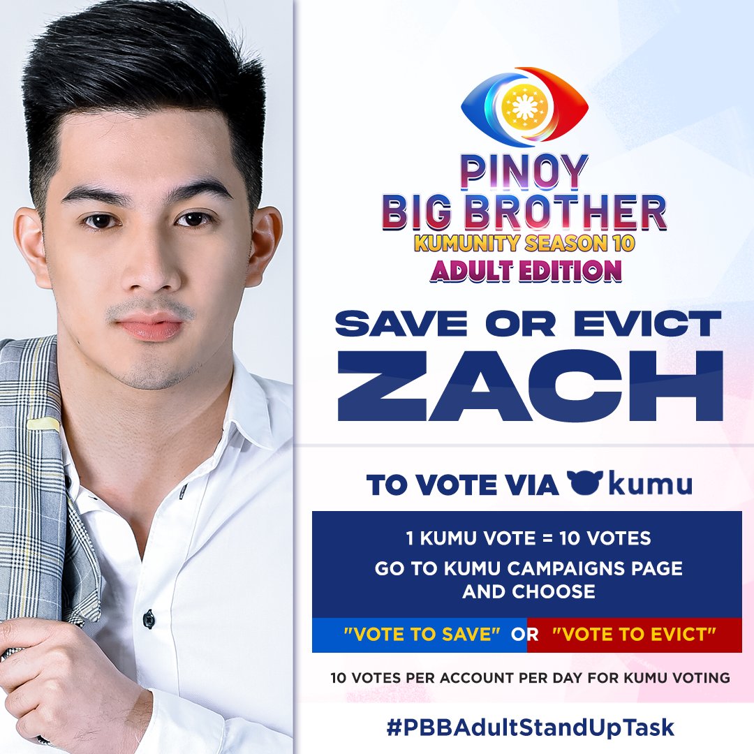 PBBabscbn's tweet photo. You have the power to vote for ZACH!

To VOTE VIA KUMU: Go to Kumu campaigns and choose Vote to Save or Vote to Evict ZACH! #PBBAdultStandUpTask https://t.co/HOIVglPJ79