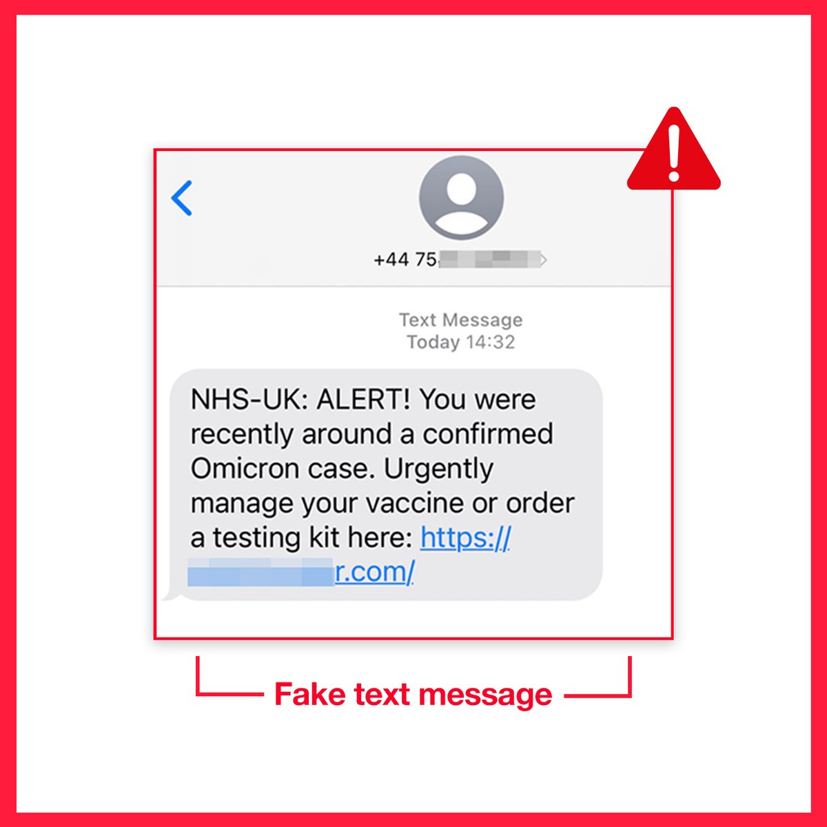 Scam alert ‼️

Please be vigilant for fake messages from the NHS related to Covid contacts and testing. 

We’ve been made aware of texts and emails circulating which claim you have been in contact with someone who’s tested positive for Covid.