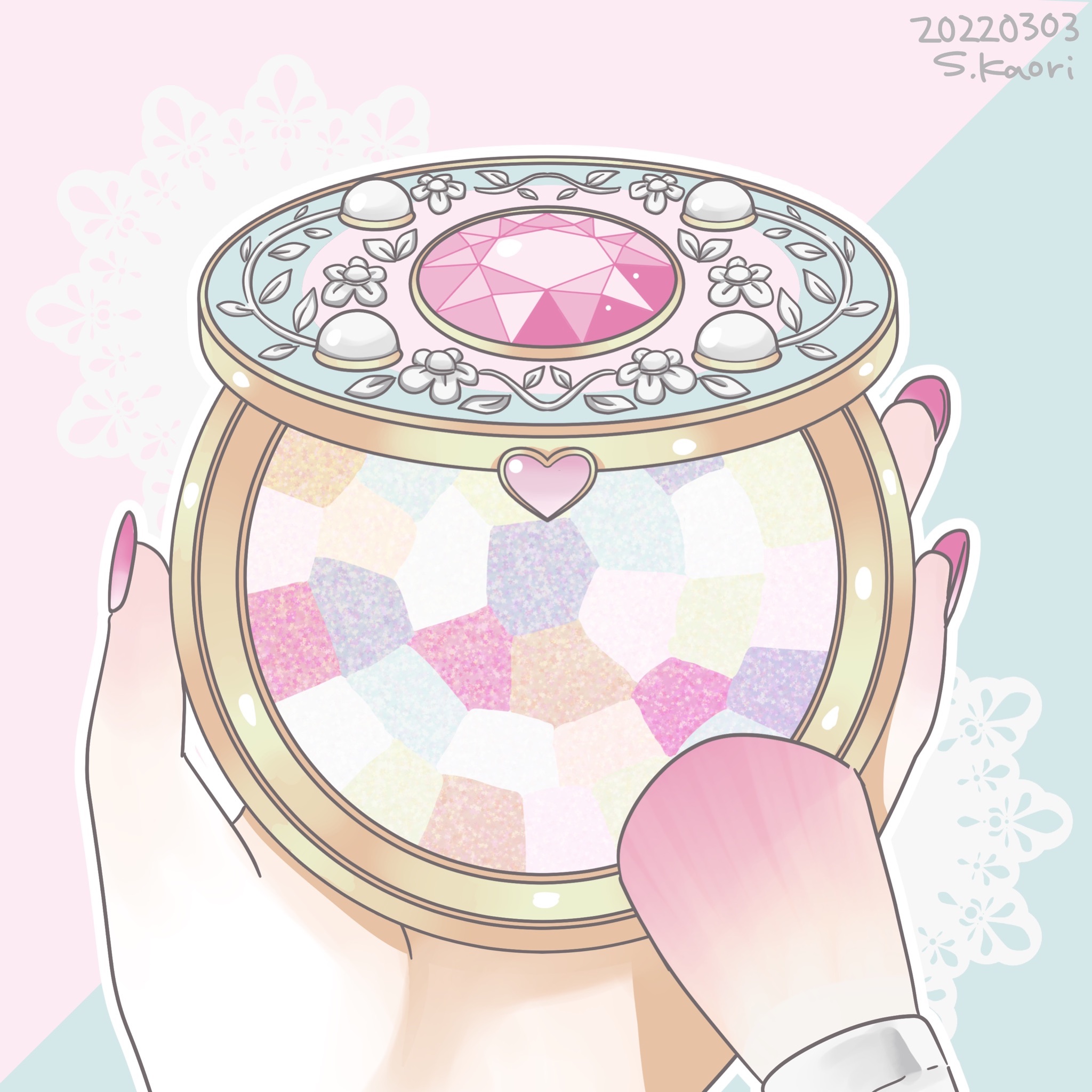 しげたカオリ イラストレーター 1日1絵 3 3 かわいいコンパクトのフェイスパウダー こういうコンパクトめちゃめちゃ憧れます 女児心がうずく ちなみにこれ系の多色混ぜ混ぜパウダーいまいち使い方がわかってません イラスト 創作 コスメ
