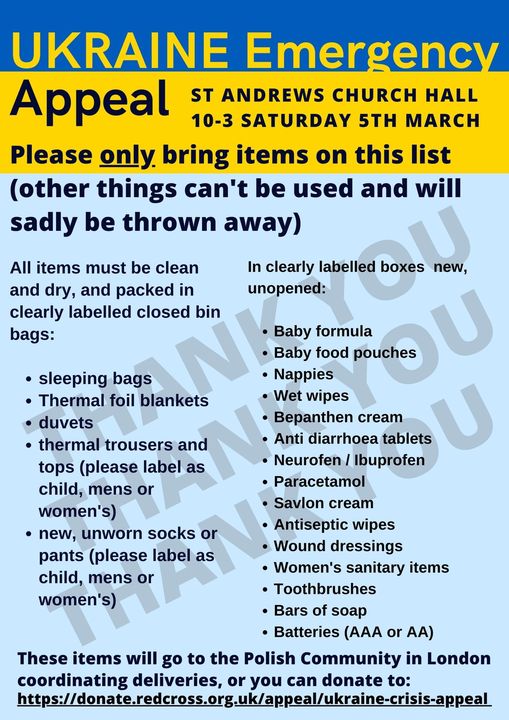Ukraine Emergency Appeal at St Andrew's Church, Church Road in Hove, happening on Sat 5th March 2022, 10am-3pm. If you can donate any of the items on the list, that'll be great!🕊️