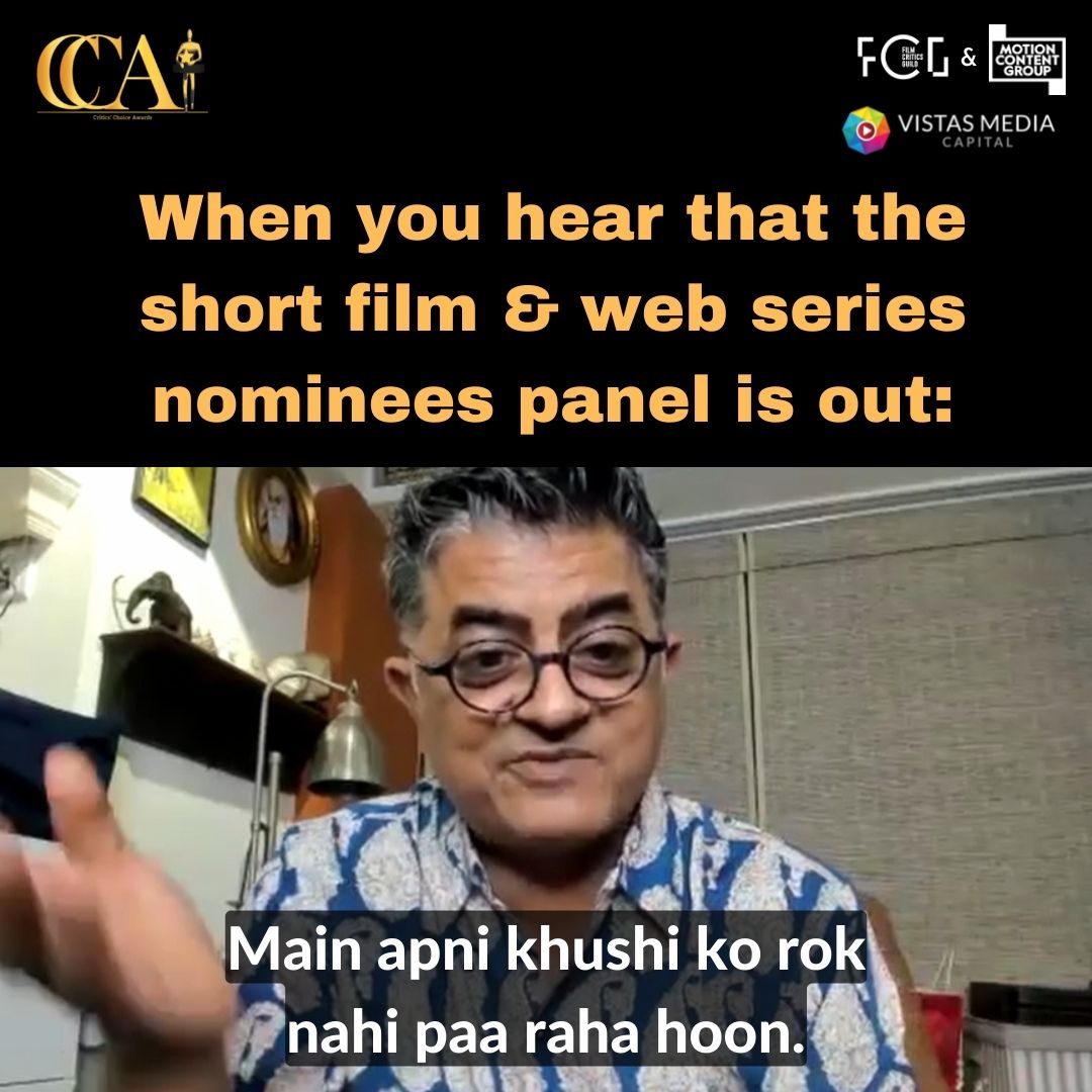 theFCGofficial's tweet photo. We know the feeling, sir! 
Watch the Critics' Choice Awards Shorts &amp; Series Nominees Panel with @Su4ita, @thesushmitasen, @pratikg80 and @raogajraj here: https://t.co/5CQ3Z4OHAX

@CCSSAwards @motioncontentgroup @vistasmediacapital #CriticsChoiceAwards #Aarya #rayonnetflix #Shimmy https://t.co/w1pE23MprA