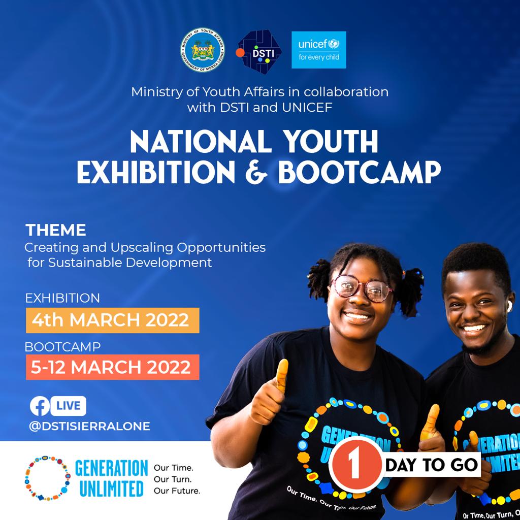 DSTISierraLeone's tweet photo. One More Day &amp; We're Live⏳

1st Virtual #GenerationUnlimitedYouth Exhibition in #SierraLeone.
@UNICEFSL
@_GenUnlimited

🗓: 4/3/22 
⏰: 10 AM GMT 
🔗: https://t.co/bPVijSEBd4

#GenU
#MoYA 
#GenUSL
#SierraLeoneTwitter https://t.co/AYBLtnEibE