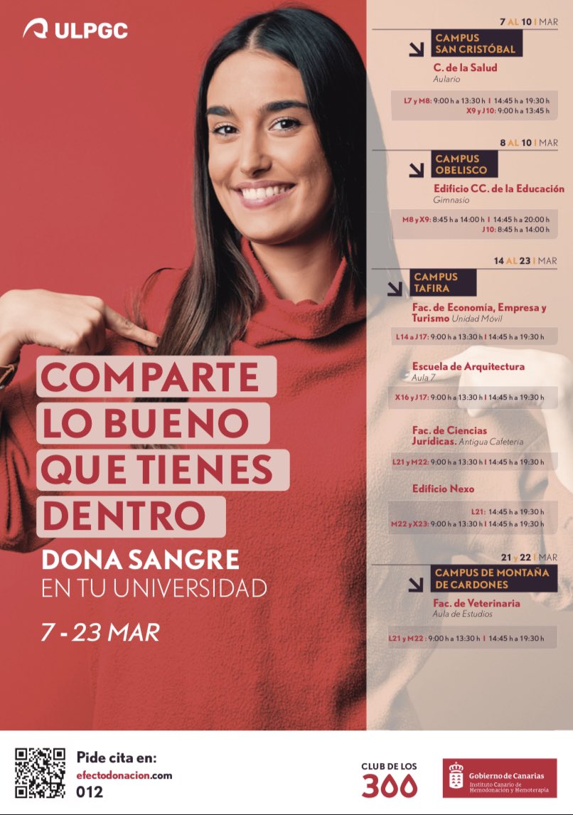 CestULPGC's tweet photo. La próxima semana arranca la campaña de donación de Sangre  del @ichhCanarias “comparte lo bueno que tienes dentro” 🩸 https://t.co/9u1ezT03xM